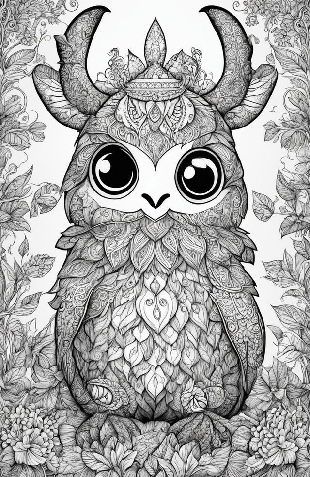 A high-quality black and white digital drawing, designed as a coloring page, featuring a charming and whimsical monster in the style of Johanna Basford