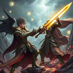 A male hero in elaborate fantasy armor, engaged in a fierce battle against a dark version of himself