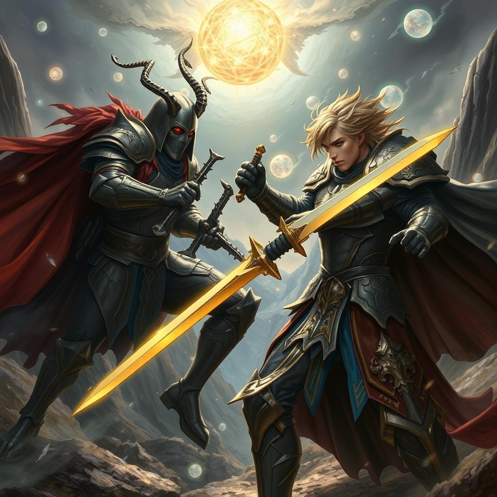 A male hero in elaborate fantasy armor, engaged in a fierce battle against a dark version of himself