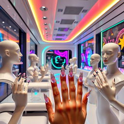 A futuristic nail salon scene in 2025, showcasing ultra-modern acrylic nail designs with vibrant color trends and eco-friendly materials