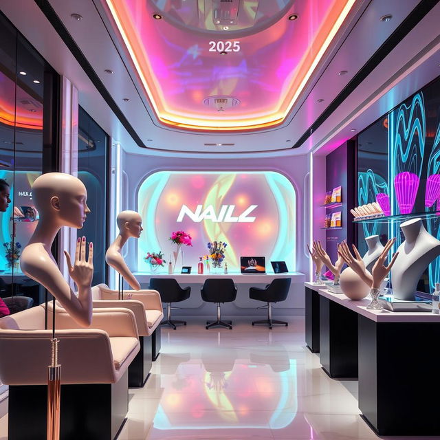 A futuristic nail salon scene in 2025, showcasing ultra-modern acrylic nail designs with vibrant color trends and eco-friendly materials