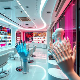A futuristic nail salon scene in 2025, showcasing ultra-modern acrylic nail designs with vibrant color trends and eco-friendly materials