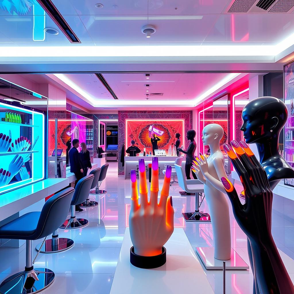 A futuristic nail salon scene in 2025, showcasing ultra-modern acrylic nail designs with vibrant color trends and eco-friendly materials