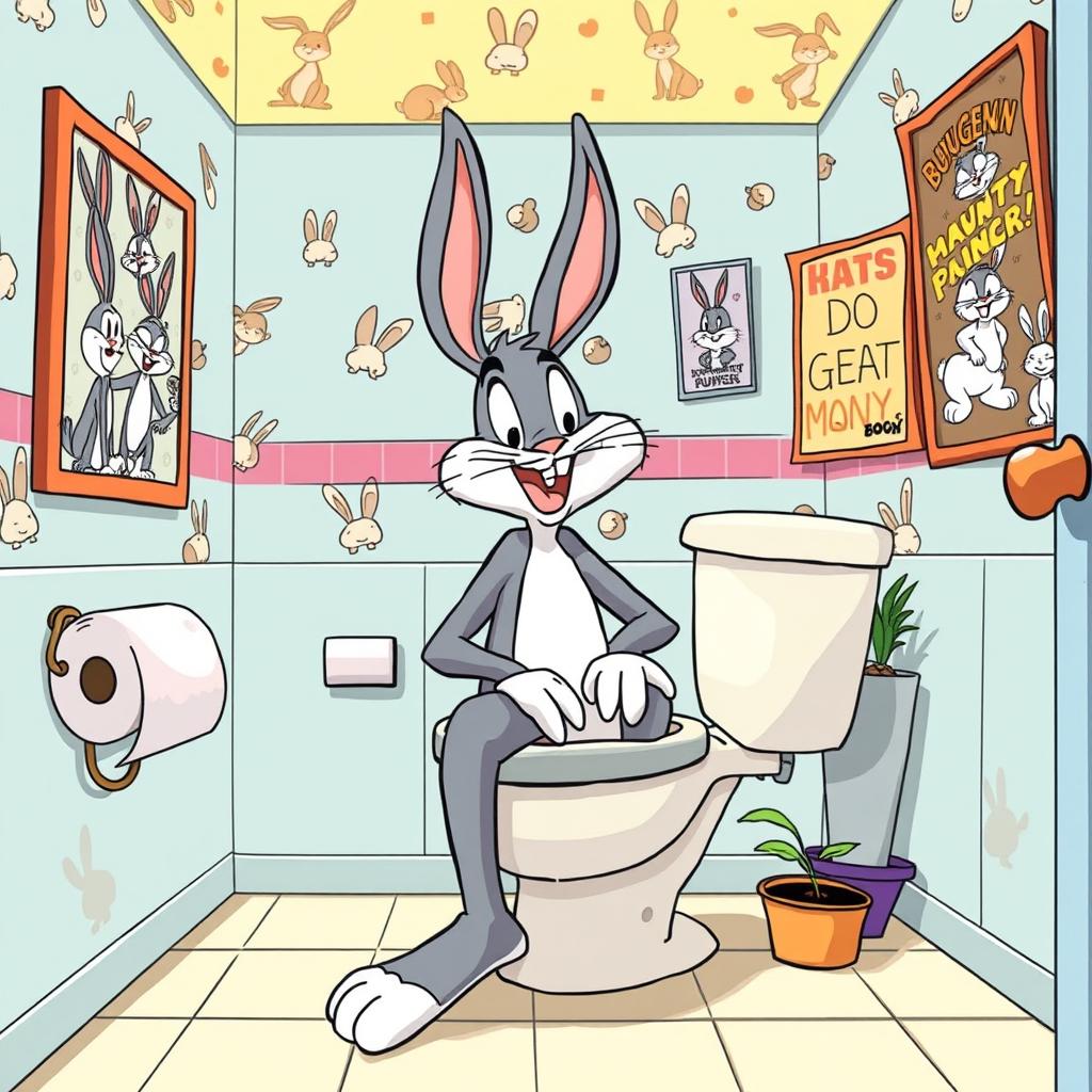 A comical illustration of Bugs Bunny sitting on a toilet, looking relaxed and playful