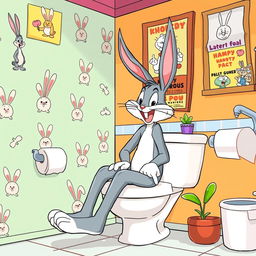 A comical illustration of Bugs Bunny sitting on a toilet, looking relaxed and playful