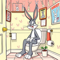 A comical illustration of Bugs Bunny sitting on a toilet, looking relaxed and playful