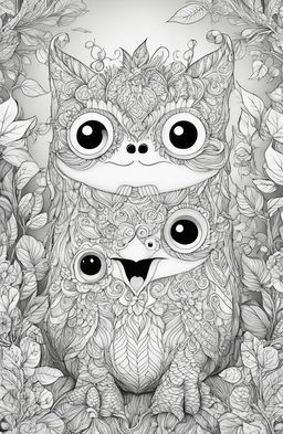 A high-quality black and white digital drawing, designed as a coloring page, featuring a charming and whimsical monster in the style of Johanna Basford