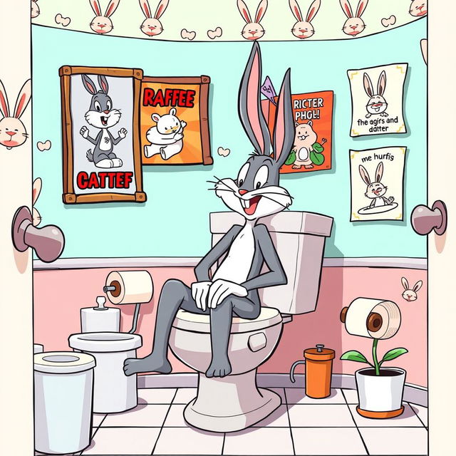 A comical illustration of Bugs Bunny sitting on a toilet, looking relaxed and playful