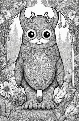 A high-quality black and white digital drawing, designed as a coloring page, featuring a charming and whimsical monster in the style of Johanna Basford