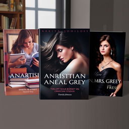 Three captivating book covers for a trilogy detailing the life biography of Anastasia Steele (portrayed by Dakota Johnson), illustrating her personal journey from her formative years to becoming Mrs