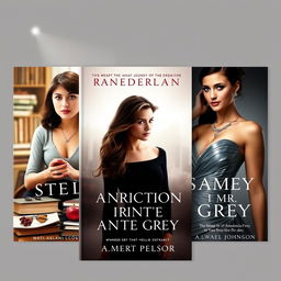 Three captivating book covers for a trilogy detailing the life biography of Anastasia Steele (portrayed by Dakota Johnson), illustrating her personal journey from her formative years to becoming Mrs
