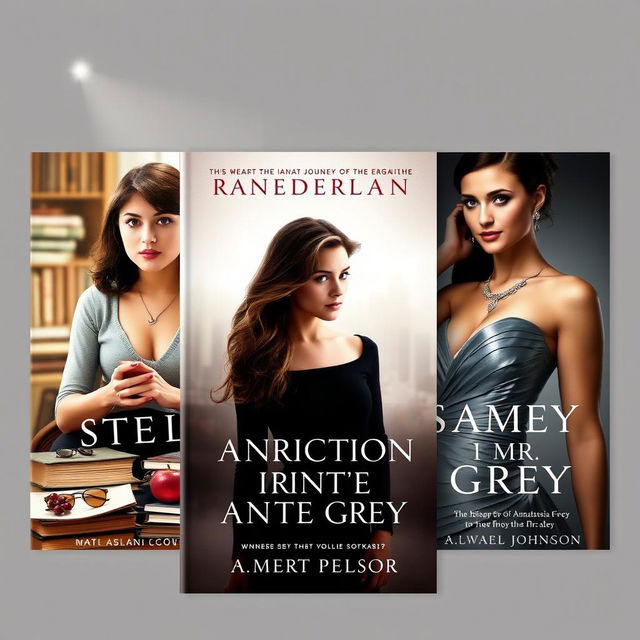 Three captivating book covers for a trilogy detailing the life biography of Anastasia Steele (portrayed by Dakota Johnson), illustrating her personal journey from her formative years to becoming Mrs