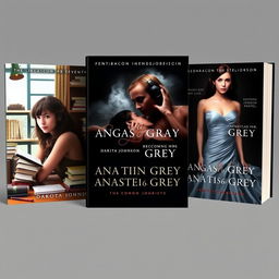 Three captivating book covers for a trilogy detailing the life biography of Anastasia Steele (portrayed by Dakota Johnson), illustrating her personal journey from her formative years to becoming Mrs