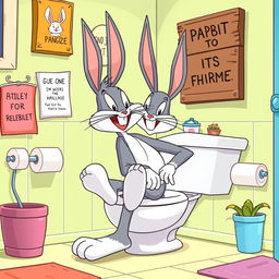 A humorous cartoon scene featuring Bugs Bunny sitting on a toilet, casually relaxing with a cheeky grin