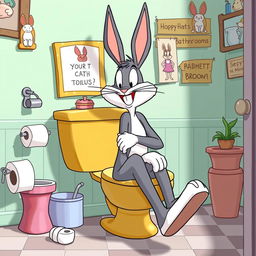 A humorous cartoon scene featuring Bugs Bunny sitting on a toilet, casually relaxing with a cheeky grin