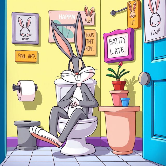 A humorous cartoon scene featuring Bugs Bunny sitting on a toilet, casually relaxing with a cheeky grin