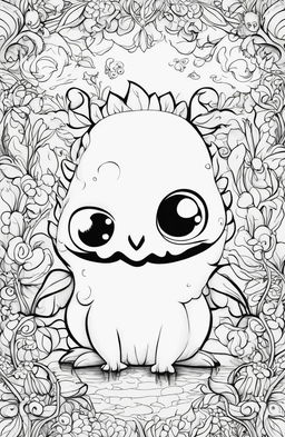 A high-quality, simple black and white digital drawing, designed as a coloring page, featuring an irresistibly cute monster in the style of Johanna Basford