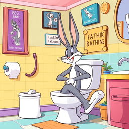A humorous cartoon scene featuring Bugs Bunny sitting on a toilet, casually relaxing with a cheeky grin