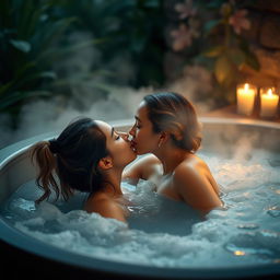 A romantic scene featuring two young women passionately kissing in a luxurious hot tub surrounded by lush greenery