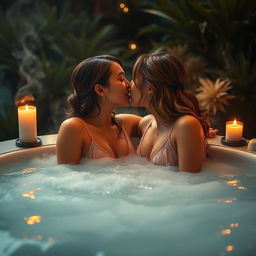 A romantic scene featuring two young women passionately kissing in a luxurious hot tub surrounded by lush greenery