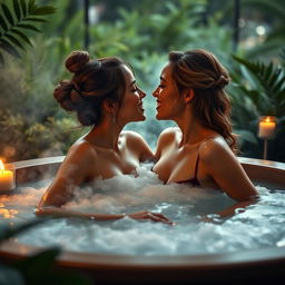 A romantic scene featuring two young women passionately kissing in a luxurious hot tub surrounded by lush greenery