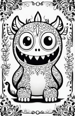 A high-quality, simple black and white digital drawing, designed as a coloring page, featuring an irresistibly cute monster in the style of Johanna Basford