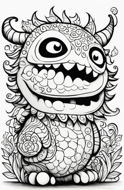 A high-quality, simple black and white digital drawing, designed as a coloring page, featuring an irresistibly cute monster in the style of Johanna Basford