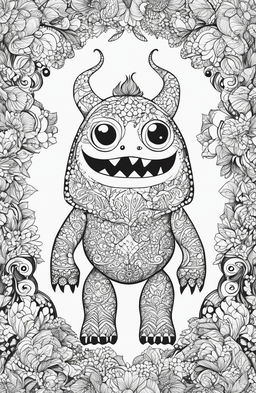 A high-quality, simple black and white digital drawing, designed as a coloring page, featuring an irresistibly cute monster in the style of Johanna Basford