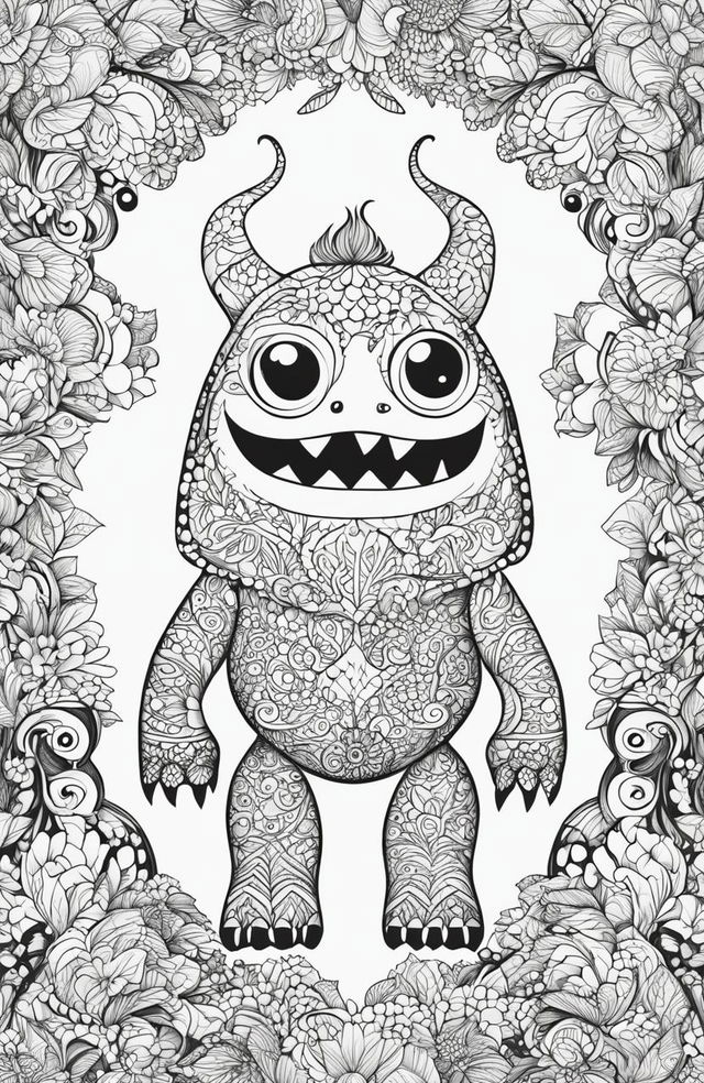 A high-quality, simple black and white digital drawing, designed as a coloring page, featuring an irresistibly cute monster in the style of Johanna Basford