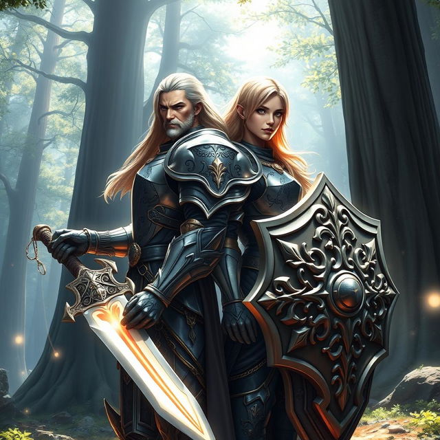 Two male paladin heroes standing back to back in an epic fantasy world