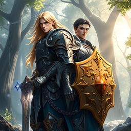 Two male paladin heroes standing back to back in an epic fantasy world