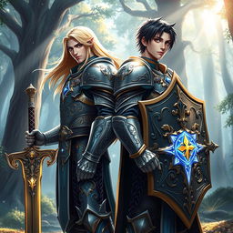 Two male paladin heroes standing back to back in an epic fantasy world