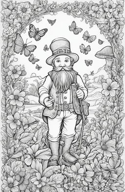 A detailed coloring page featuring a leprechaun, drawn in the intricate style of illustrator Johanna Basford