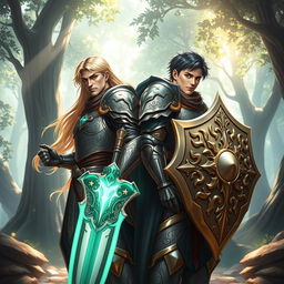 Two male paladin heroes standing back to back in an epic fantasy world