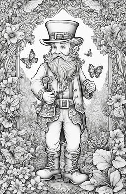 A detailed coloring page featuring a leprechaun, drawn in the intricate style of illustrator Johanna Basford