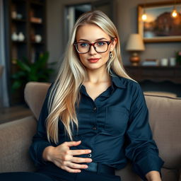 A full-body portrait of a 24-year-old Russian secretary with long, thick blonde hair and revealing man’s dress shirt
