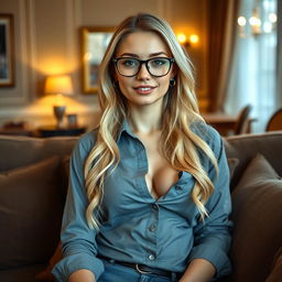 A full-body portrait of a 24-year-old Russian secretary with long, thick blonde hair and revealing man’s dress shirt