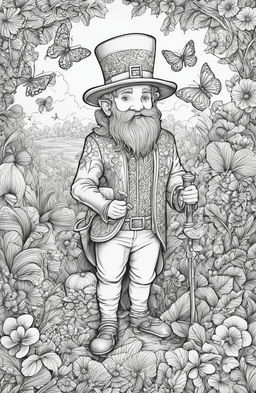 A detailed coloring page featuring a leprechaun, drawn in the intricate style of illustrator Johanna Basford