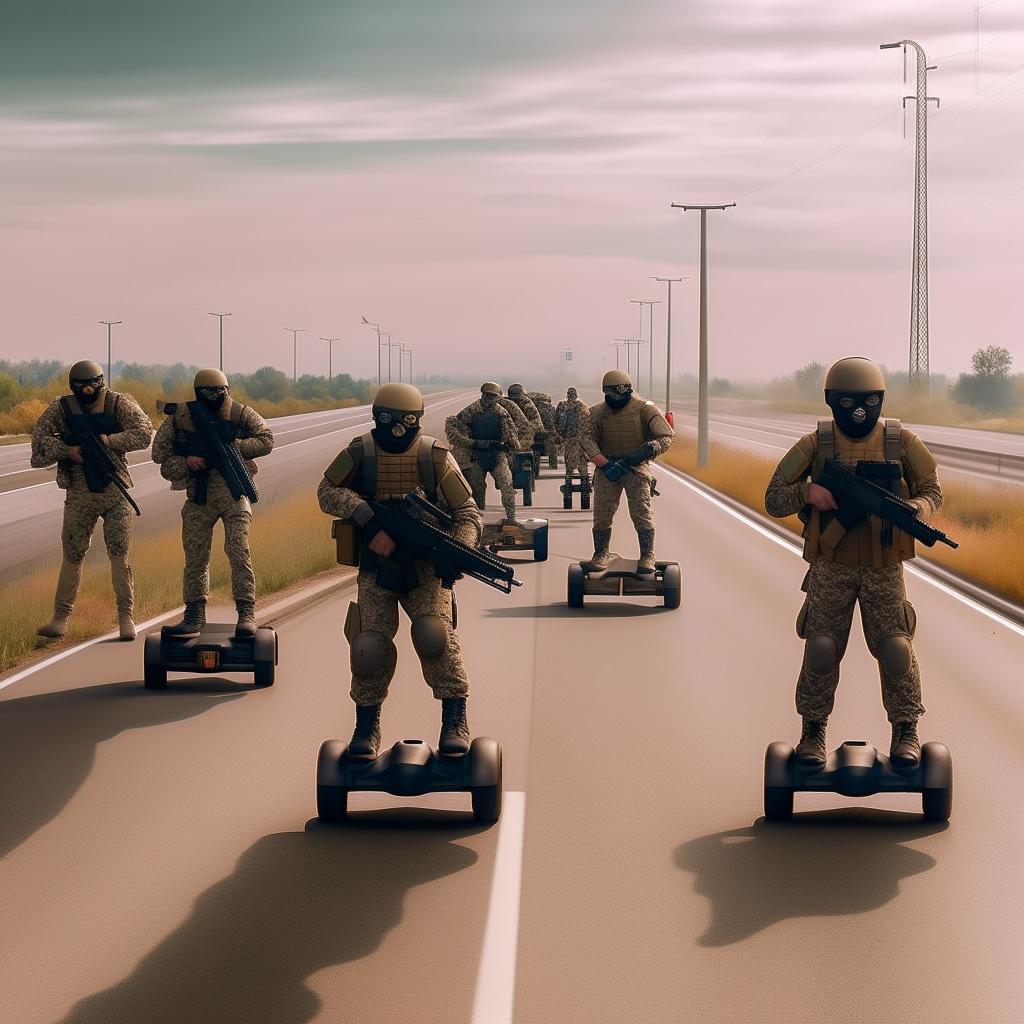 aerial view 10 combatants, in military camouflage, flying on hover-boards in the sky, next to a  one-lane freeway, all combatants are armed with assault rifles and clad in skeleton face mask and normal bullet proof vests