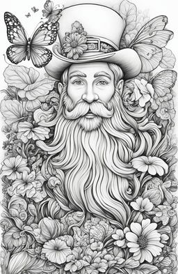 A detailed coloring page featuring a leprechaun, drawn in the intricate style of illustrator Johanna Basford