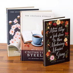 Three beautifully illustrated book covers for a trilogy detailing the life biography of Anastasia Steele, highlighting her personal journey leading up to her marriage to Christian Grey