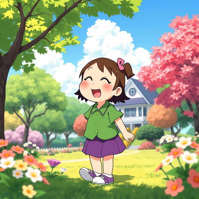 A vibrant, lively scene featuring Misae Nohara from the animated series Shinchan