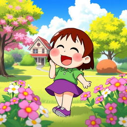 A vibrant, lively scene featuring Misae Nohara from the animated series Shinchan