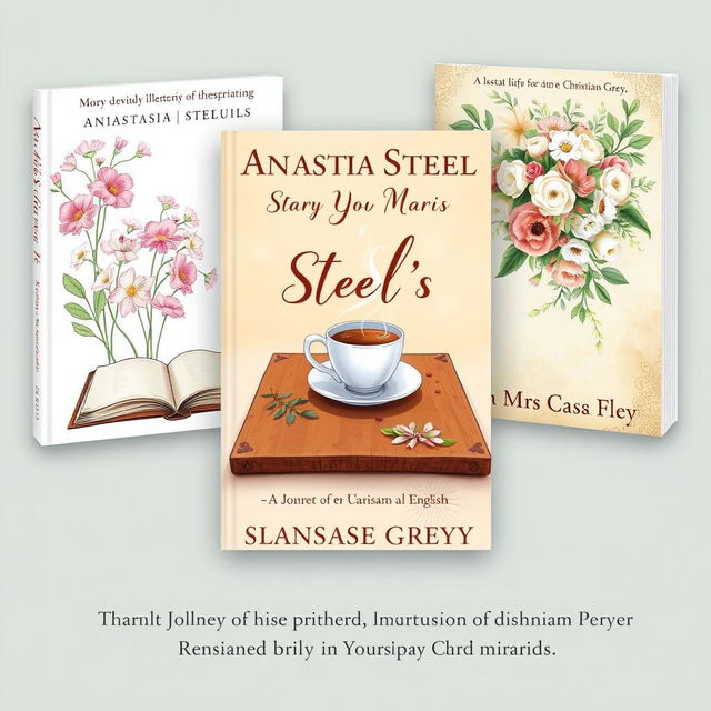 Three beautifully illustrated book covers for a trilogy detailing the life biography of Anastasia Steele, highlighting her personal journey leading up to her marriage to Christian Grey