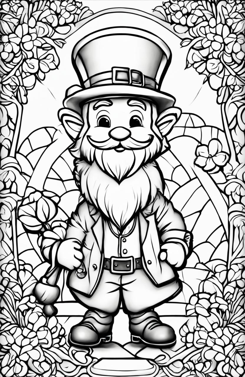 A high-quality, simple coloring page featuring a leprechaun, inspired by Johanna Basford's style