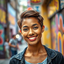 A 25-year-old woman with light brown skin and short hair, standing confidently in a vibrant urban setting