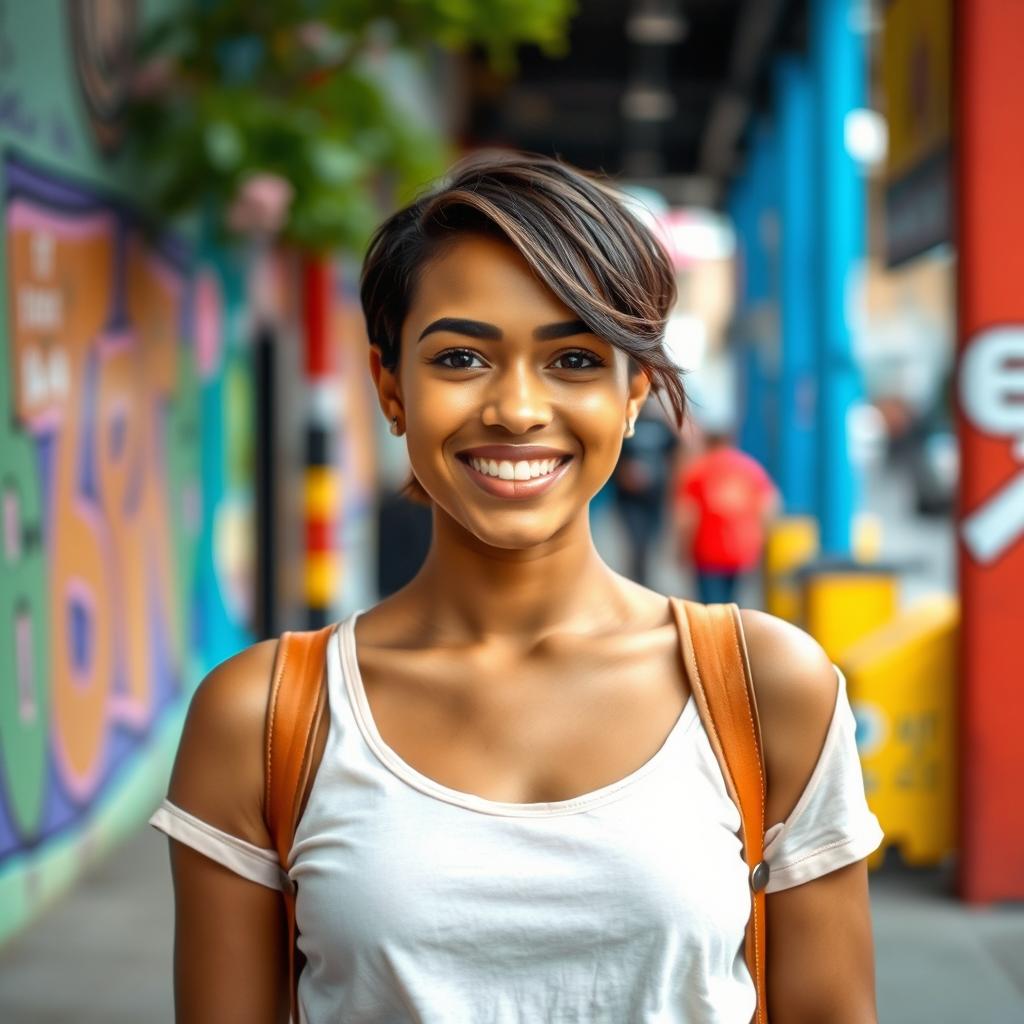 A 25-year-old woman with light brown skin and short hair, standing confidently in a vibrant urban setting