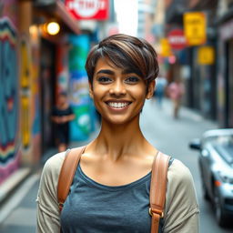 A 25-year-old woman with light brown skin and short hair, standing confidently in a vibrant urban setting