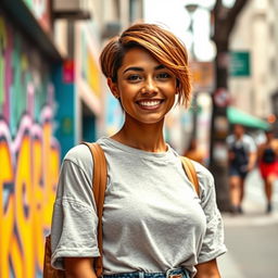 A 25-year-old woman with light brown skin and short hair, standing confidently in a vibrant urban setting