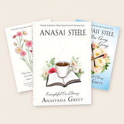 Three beautifully illustrated book covers for a trilogy, authored by Anastasia Steele, detailing her personal life journey leading up to her marriage with Christian Grey